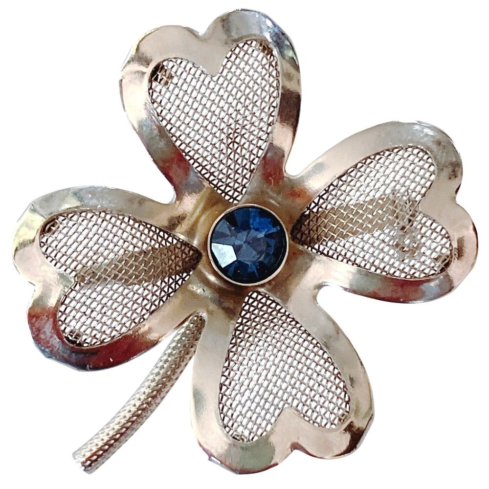 VTG Mid Century Brooch Mesh Clover Blue Rhinestone Silver Tone Pin